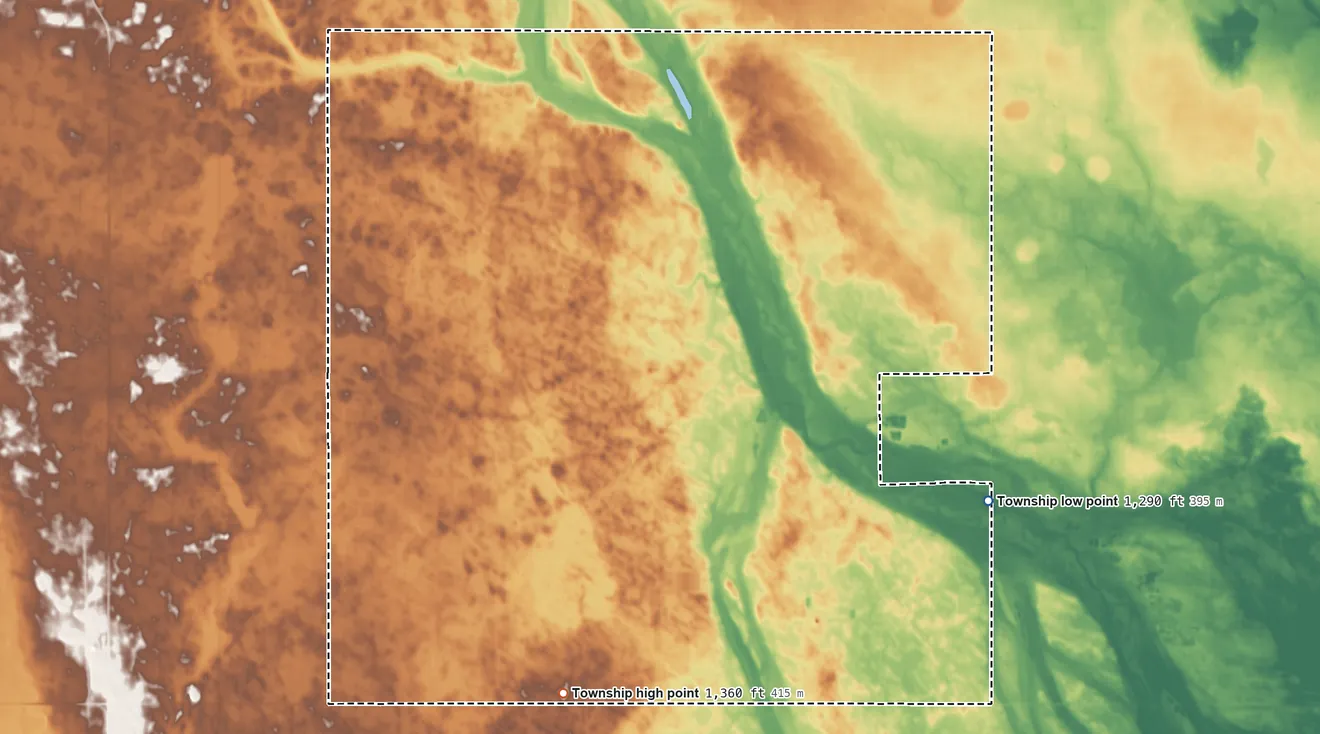 Topographic elevation map of Broadland Township, South Dakota, shaded from 1,290 ft on the southeast side to 1,360 ft on the south side
