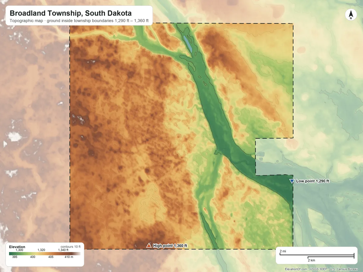Topographic elevation map of Broadland Township, South Dakota, shaded from 1,290 ft on the southeast side to 1,360 ft on the south side