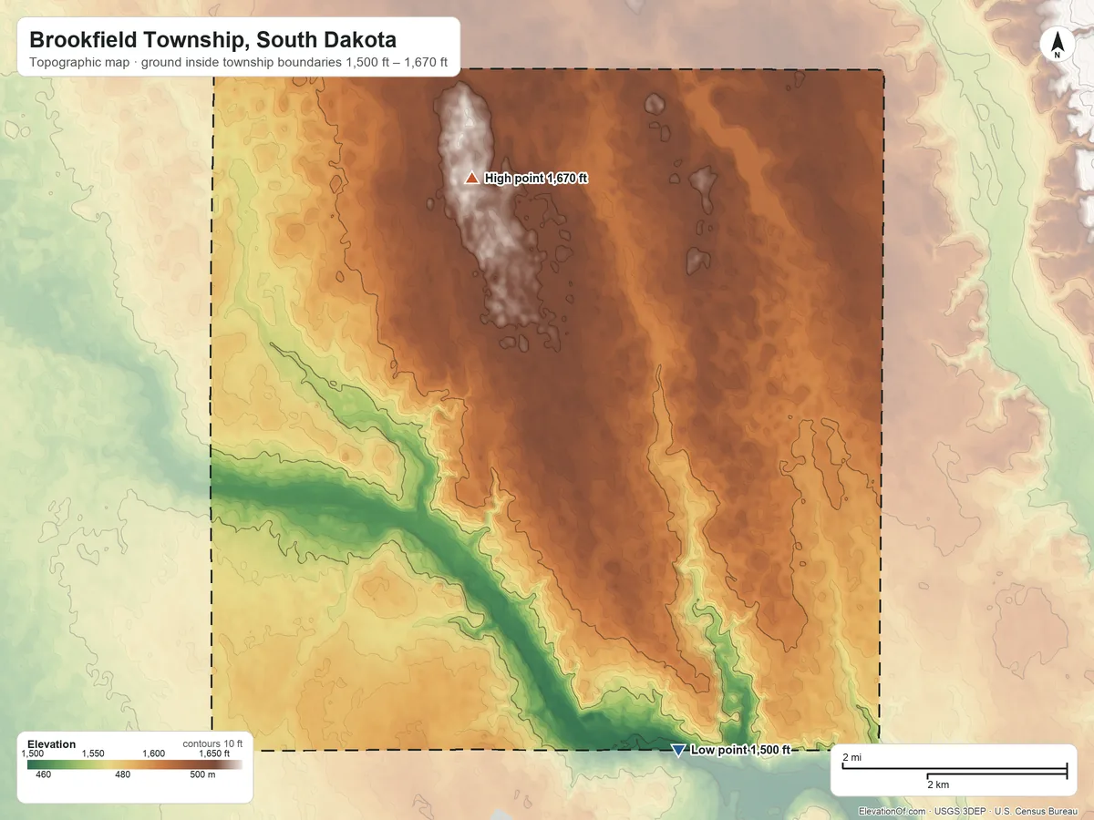 Topographic elevation map of Brookfield Township, South Dakota, shaded from 1,500 ft on the south side to 1,670 ft on the northwest side