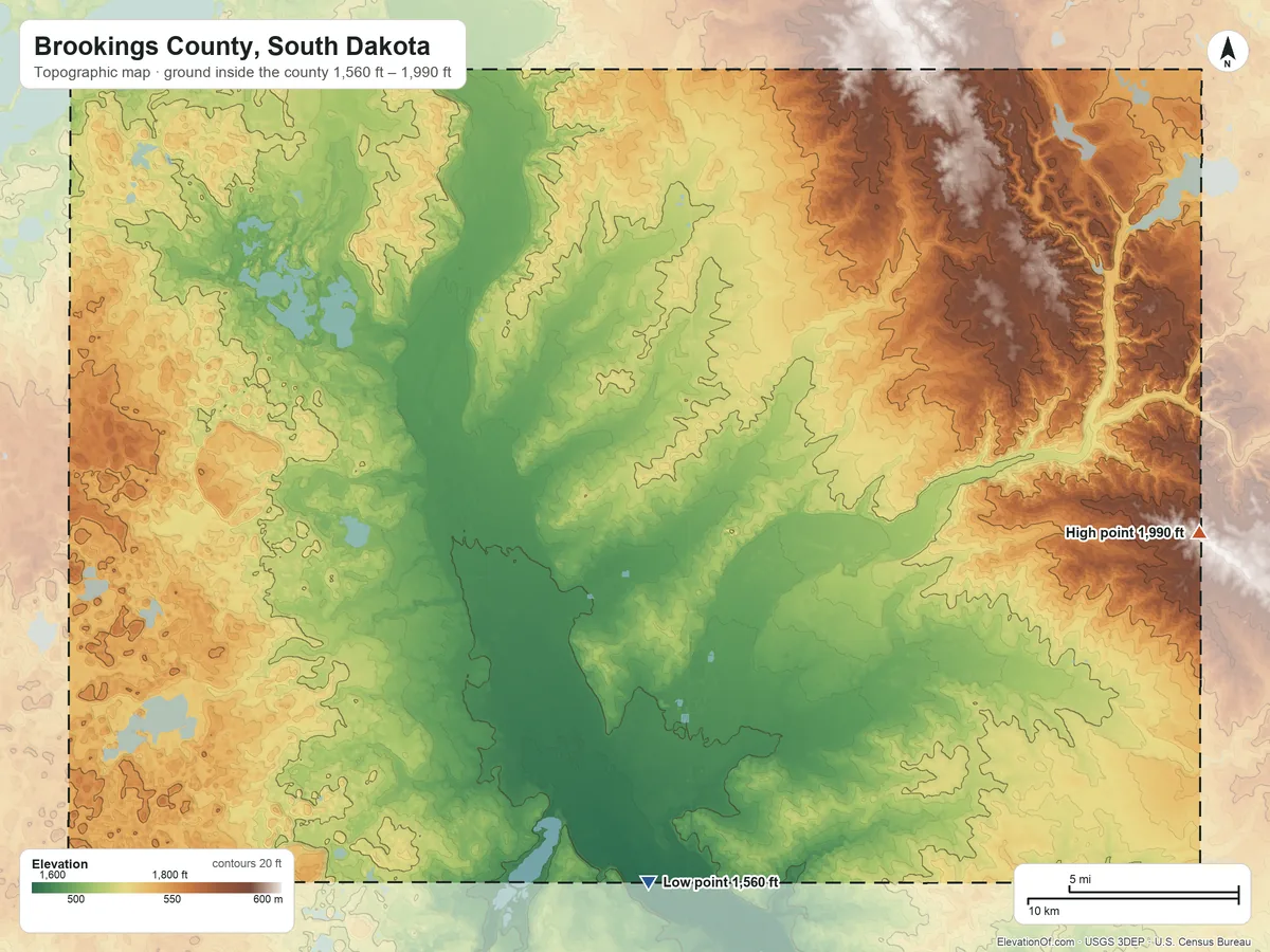 Topographic elevation map of Brookings County, South Dakota, shaded from 1,560 ft on the south side to 1,990 ft on the east side