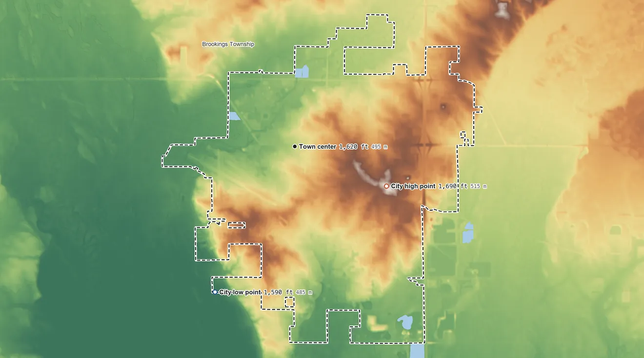 Topographic elevation map of Brookings, South Dakota, shaded from 1,590 ft on the southwest side to 1,690 ft on the southeast side