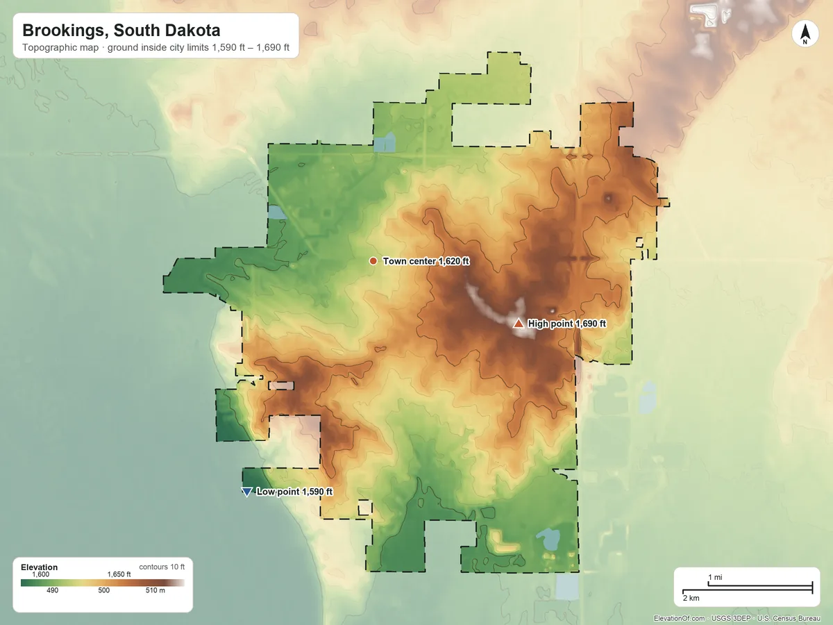 Topographic elevation map of Brookings, South Dakota, shaded from 1,590 ft on the southwest side to 1,690 ft on the southeast side