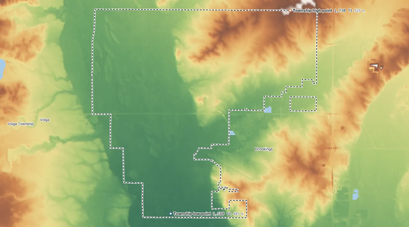 Topographic elevation map of Brookings Township, South Dakota, shaded from 1,580 ft on the southwest side to 1,730 ft on the northeast side