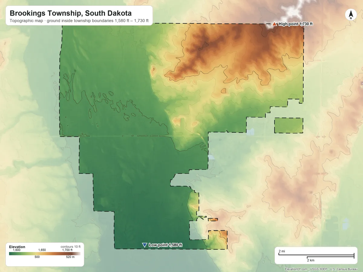 Topographic elevation map of Brookings Township, South Dakota, shaded from 1,580 ft on the southwest side to 1,730 ft on the northeast side