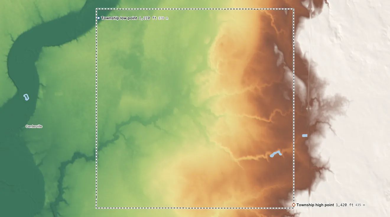 Topographic elevation map of Brooklyn Township, South Dakota, shaded from 1,210 ft on the northwest side to 1,420 ft on the southeast side