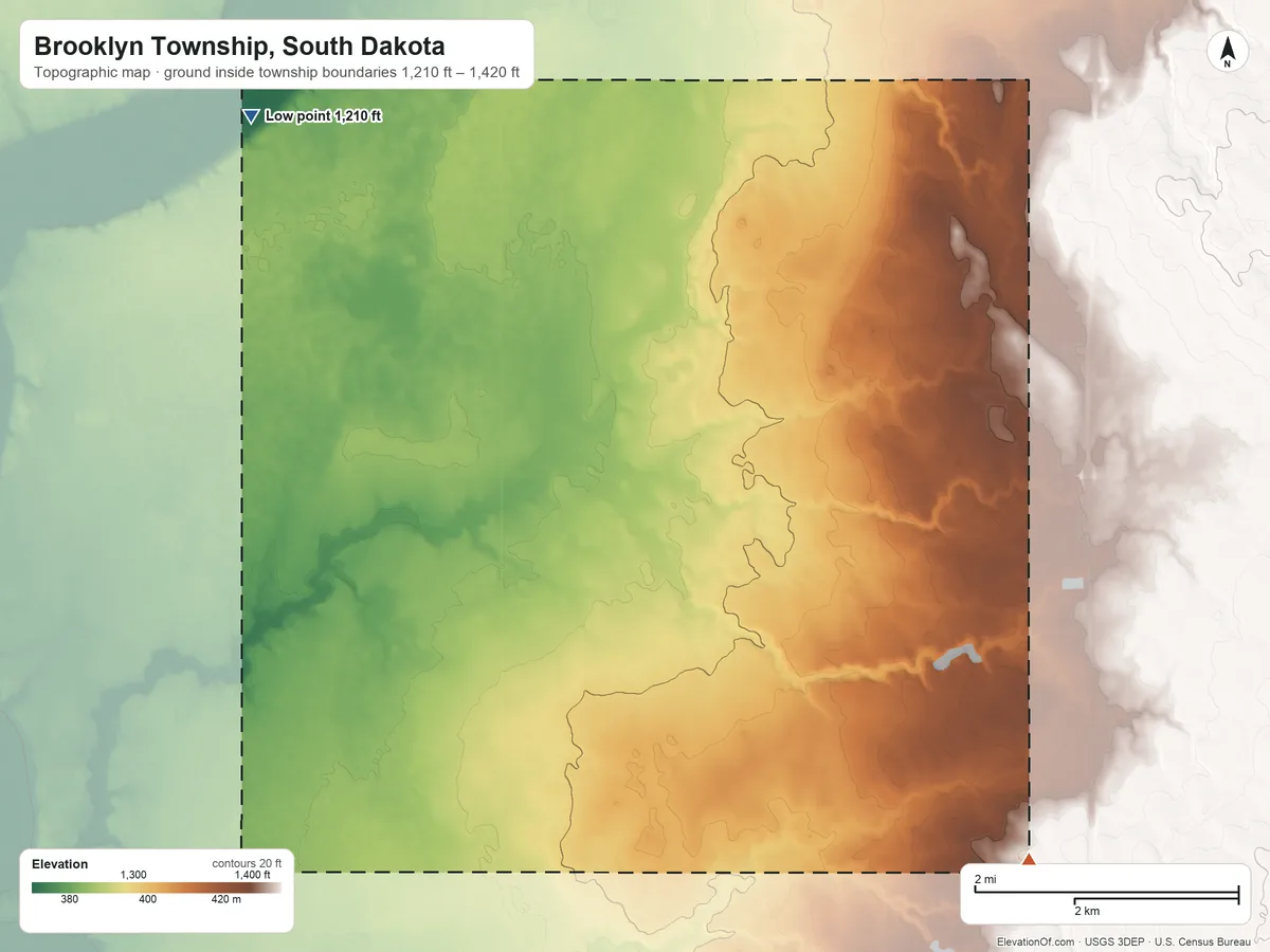 Topographic elevation map of Brooklyn Township, South Dakota, shaded from 1,210 ft on the northwest side to 1,420 ft on the southeast side