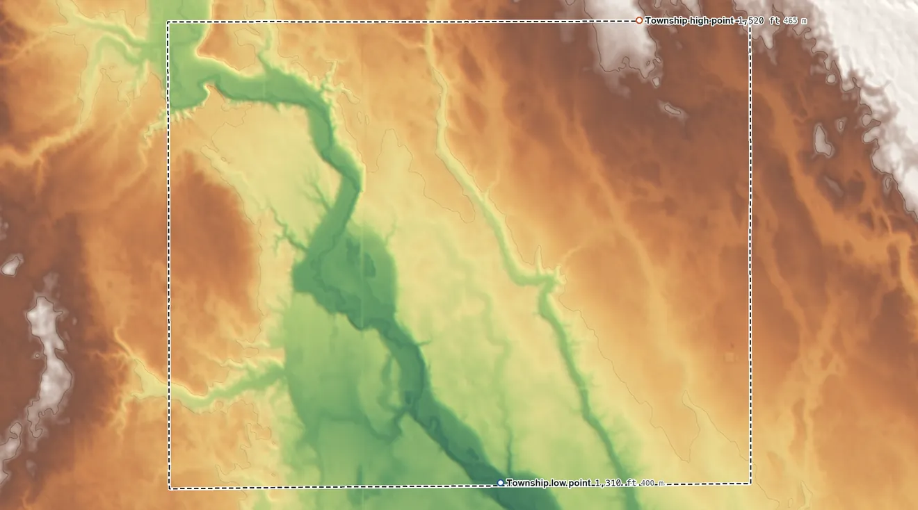 Topographic elevation map of Brothersfield Township, South Dakota, shaded from 1,310 ft on the south side to 1,520 ft on the northeast side