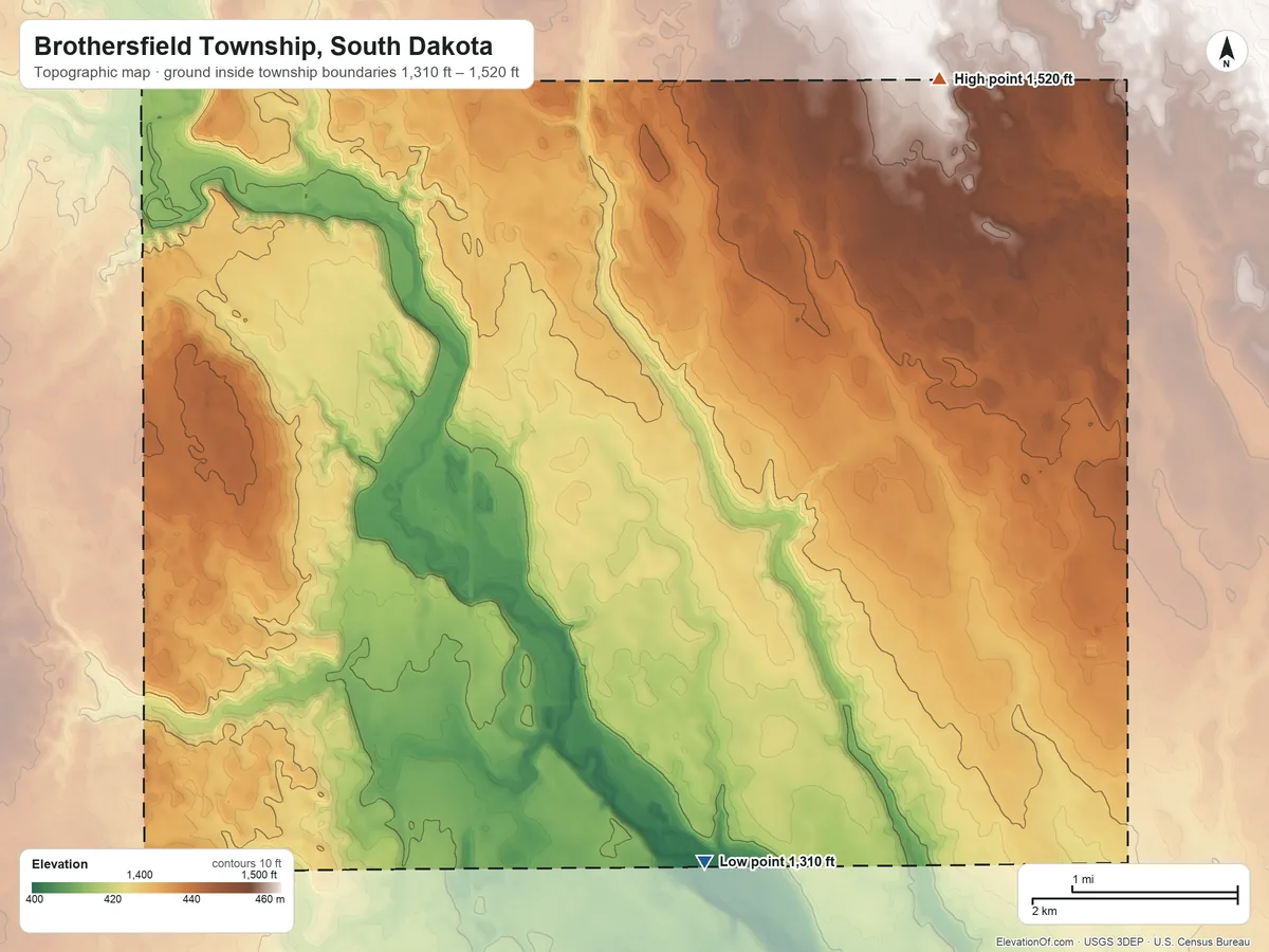 Topographic elevation map of Brothersfield Township, South Dakota, shaded from 1,310 ft on the south side to 1,520 ft on the northeast side