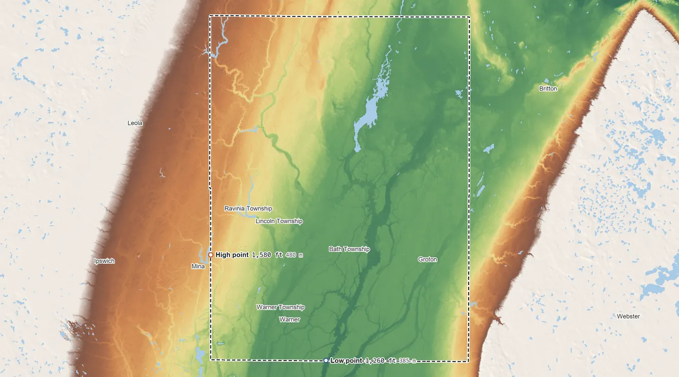 Topographic elevation map of Brown County, South Dakota, shaded from 1,260 ft on the south side to 1,580 ft on the southwest side
