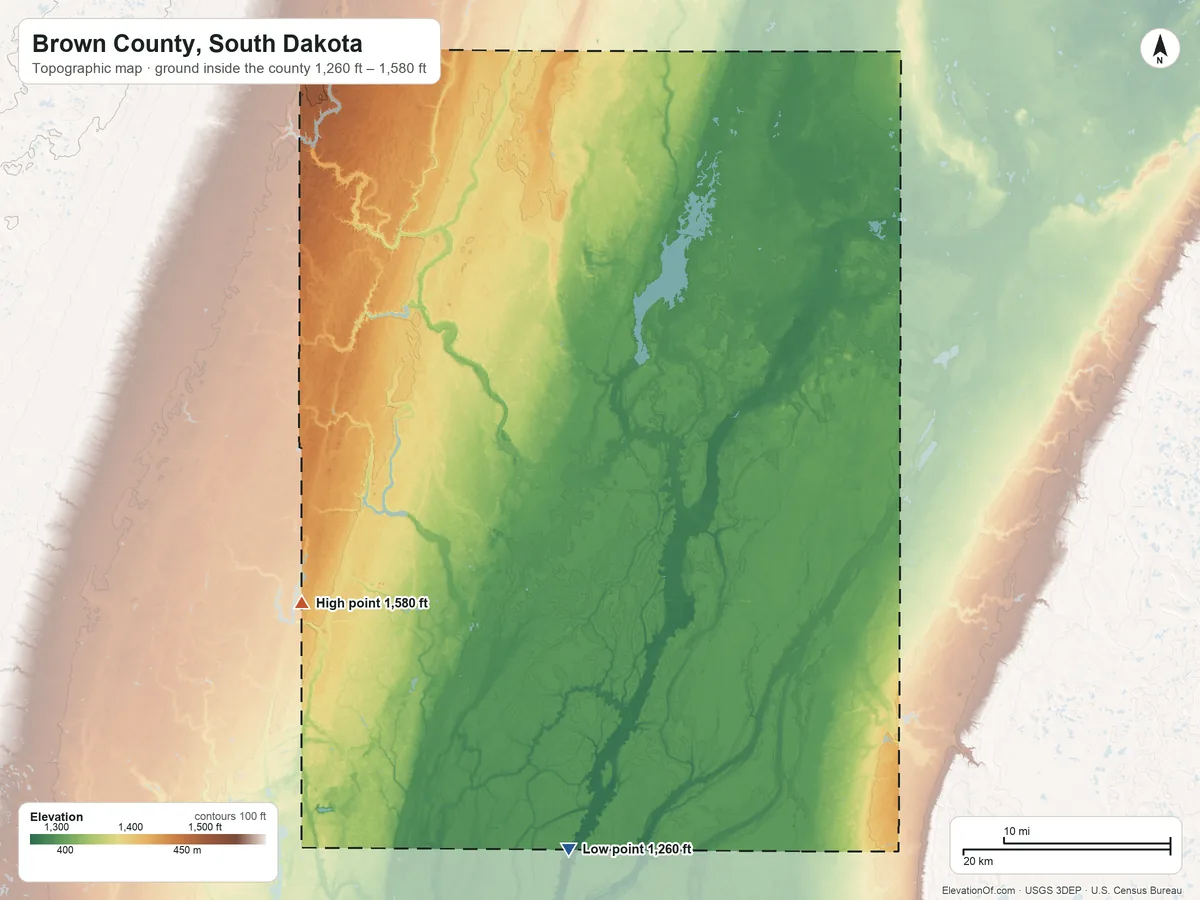 Topographic elevation map of Brown County, South Dakota, shaded from 1,260 ft on the south side to 1,580 ft on the southwest side
