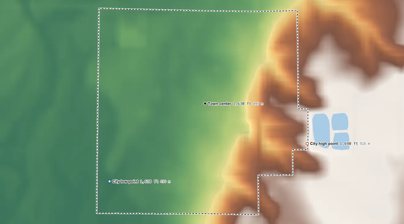Topographic elevation map of Bruce, South Dakota, shaded from 1,610 ft on the southwest side to 1,690 ft on the east side