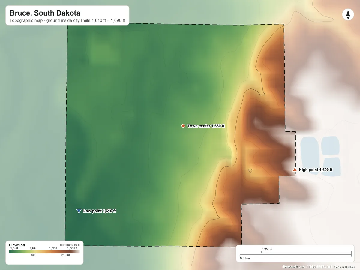 Topographic elevation map of Bruce, South Dakota, shaded from 1,610 ft on the southwest side to 1,690 ft on the east side