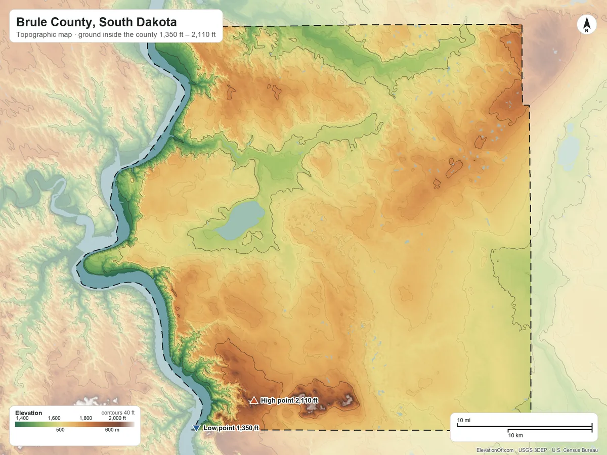 Topographic elevation map of Brule County, South Dakota, shaded from 1,350 ft on the southwest side to 2,110 ft on the south side