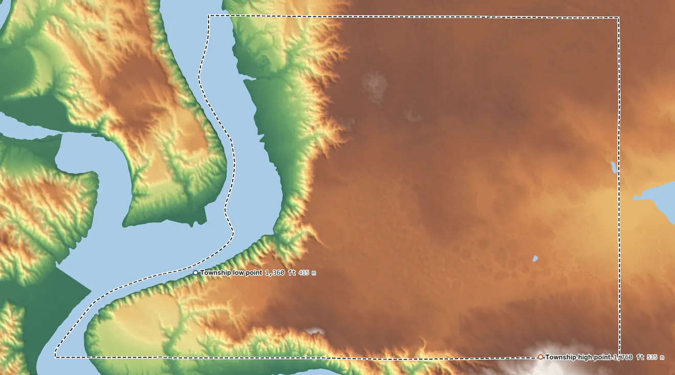 Topographic elevation map of Brule Township, Brule County, South Dakota, shaded from 1,360 ft on the west side to 1,760 ft on the southeast side