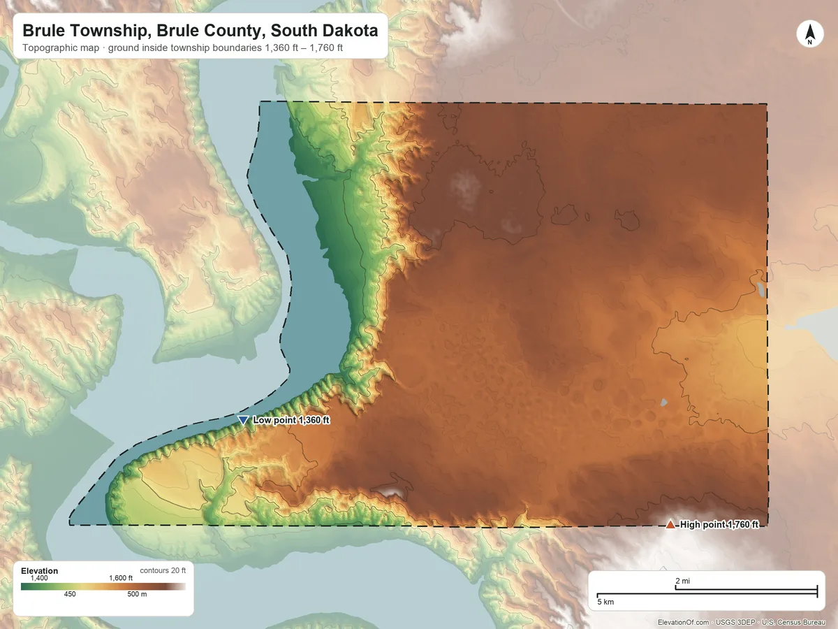 Topographic elevation map of Brule Township, Brule County, South Dakota, shaded from 1,360 ft on the west side to 1,760 ft on the southeast side