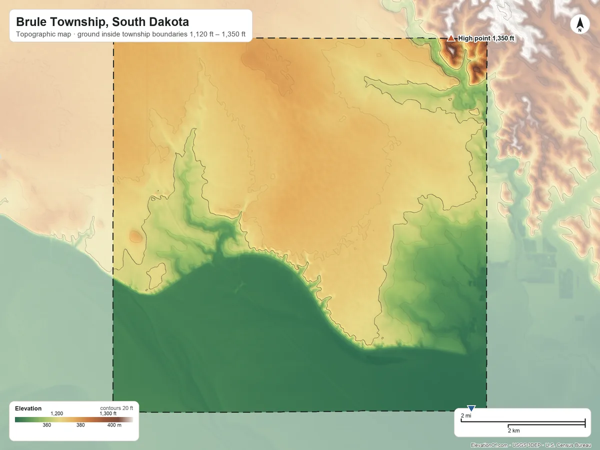 Topographic elevation map of Brule Township, South Dakota, shaded from 1,120 ft on the southeast side to 1,350 ft on the northeast side