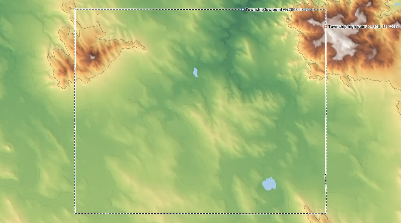 Topographic elevation map of Brunson Township, South Dakota, shaded from 1,780 ft on the northeast side to 2,320 ft on the northeast side