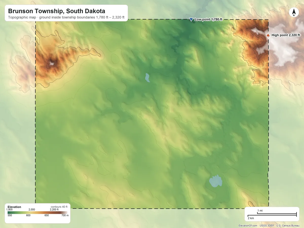 Topographic elevation map of Brunson Township, South Dakota, shaded from 1,780 ft on the northeast side to 2,320 ft on the northeast side