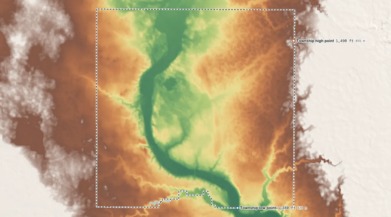 Topographic elevation map of Bryan Township, South Dakota, shaded from 1,380 ft on the southeast side to 1,490 ft on the northeast side
