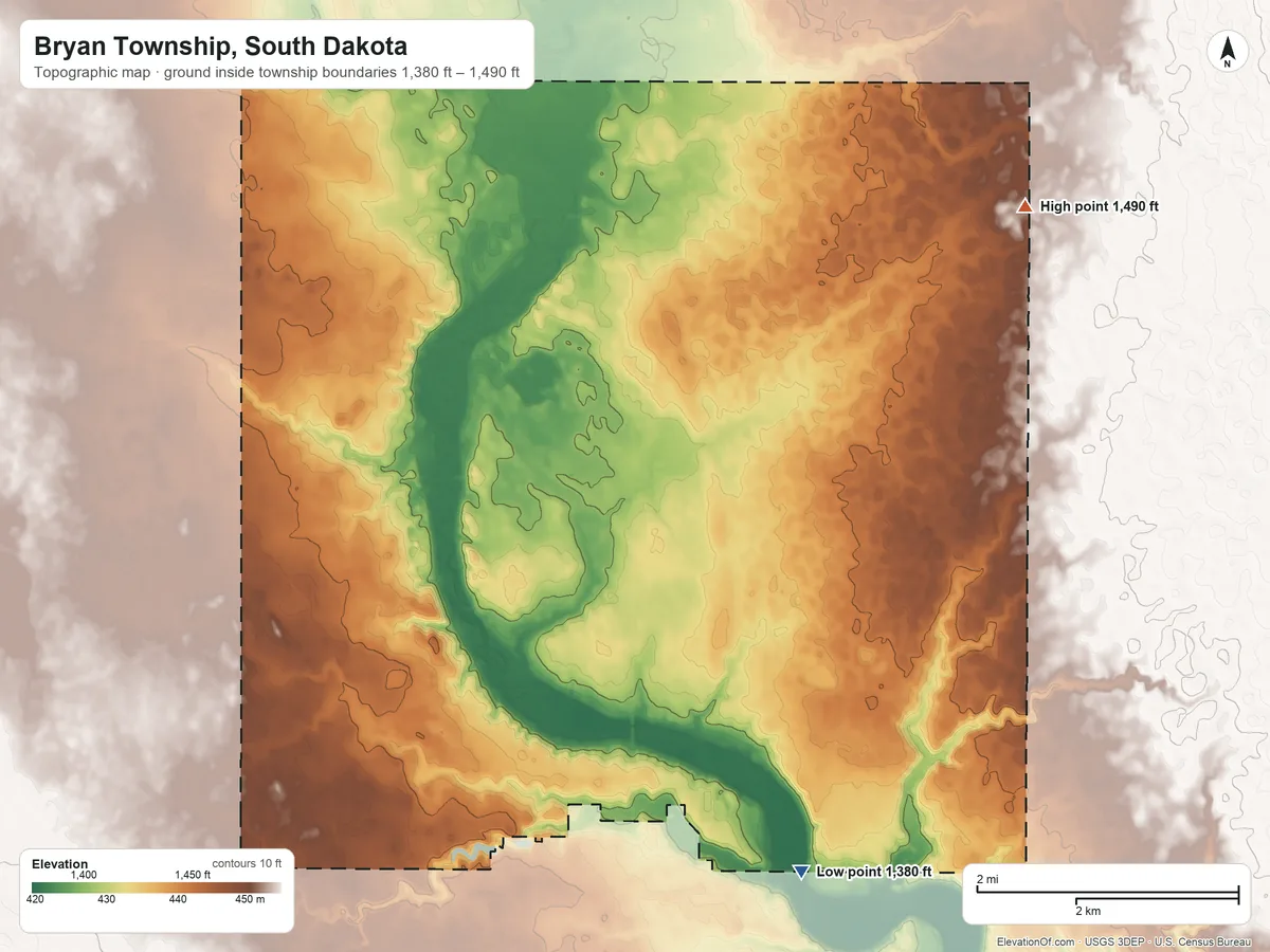 Topographic elevation map of Bryan Township, South Dakota, shaded from 1,380 ft on the southeast side to 1,490 ft on the northeast side