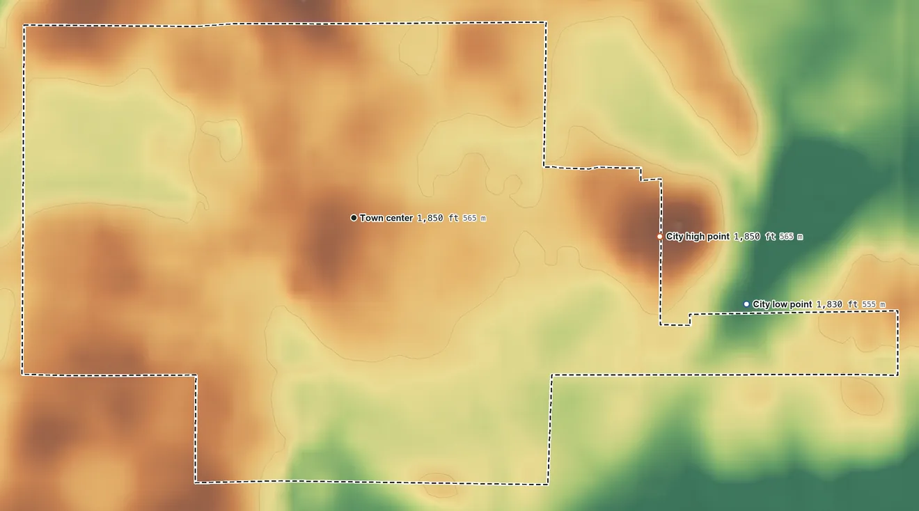 Topographic elevation map of Bryant, South Dakota, shaded from 1,830 ft on the east side to 1,850 ft on the east side