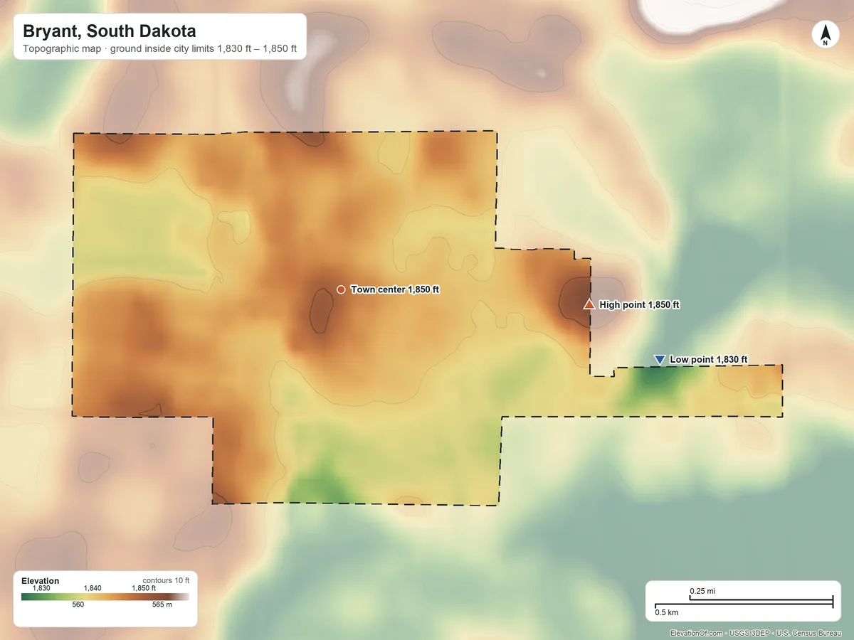 Topographic elevation map of Bryant, South Dakota, shaded from 1,830 ft on the east side to 1,850 ft on the east side
