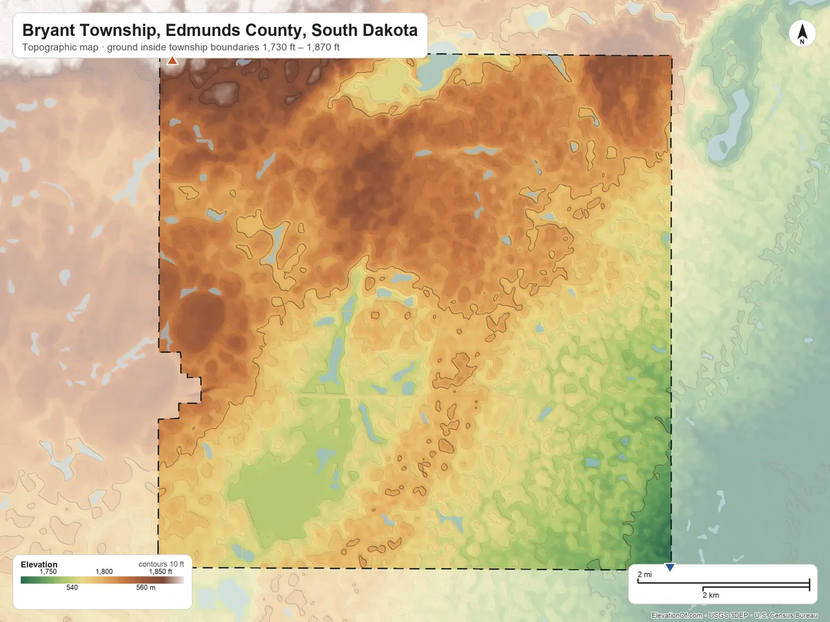 Topographic elevation map of Bryant Township, Edmunds County, South Dakota, shaded from 1,730 ft on the southeast side to 1,870 ft on the northwest side