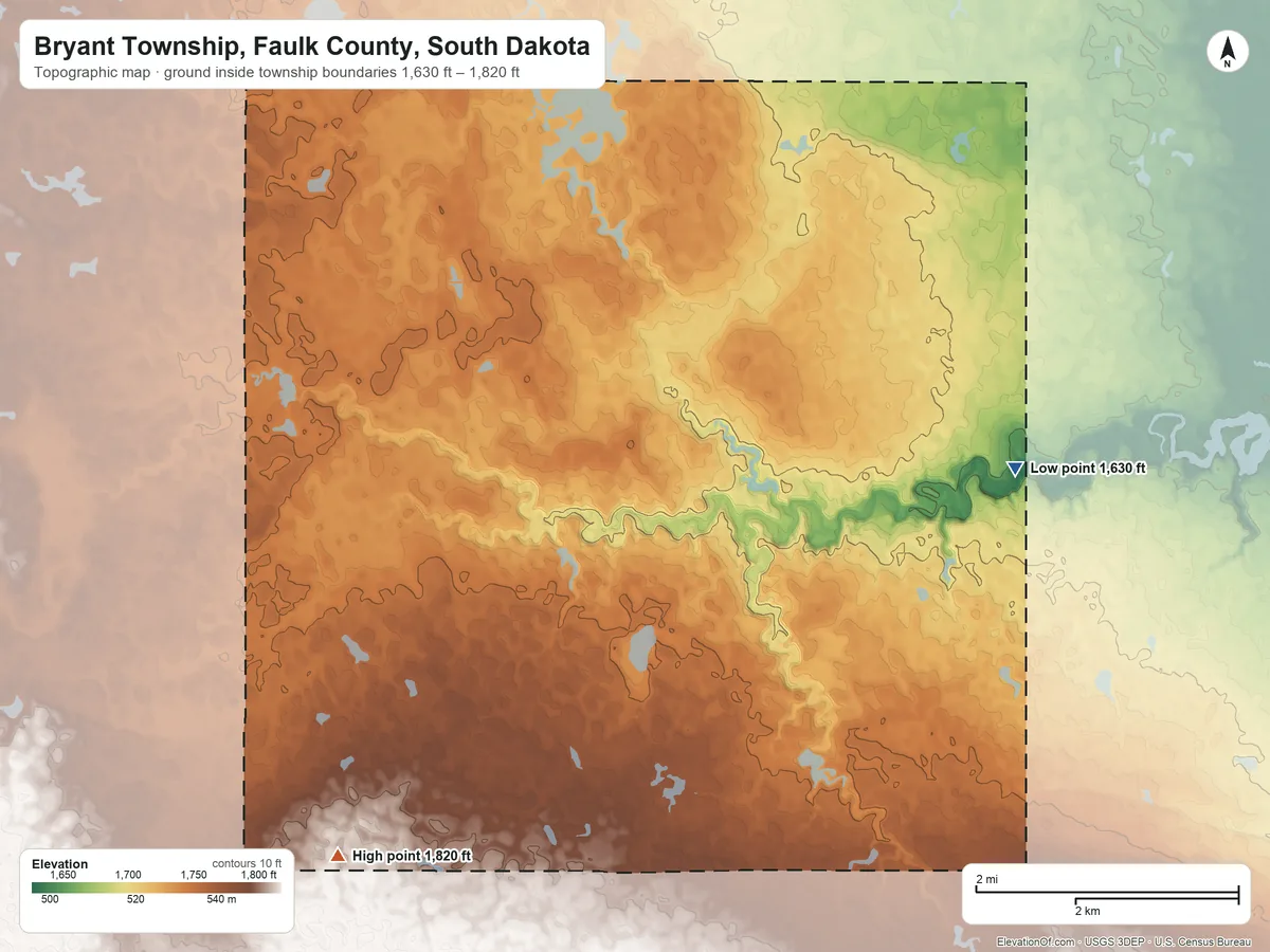 Topographic elevation map of Bryant Township, Faulk County, South Dakota, shaded from 1,630 ft on the east side to 1,820 ft on the south side