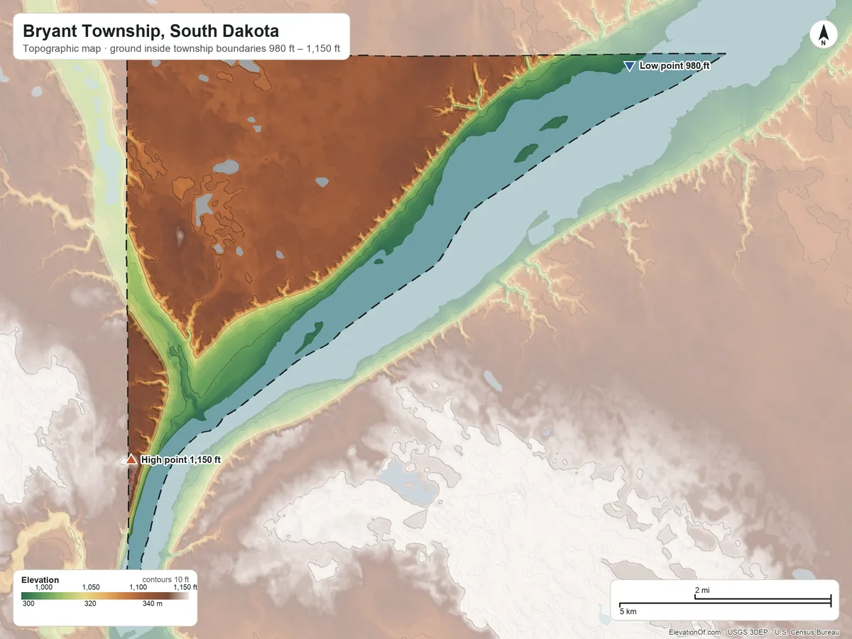 Topographic elevation map of Bryant Township, South Dakota, shaded from 980 ft on the northeast side to 1,150 ft on the southwest side