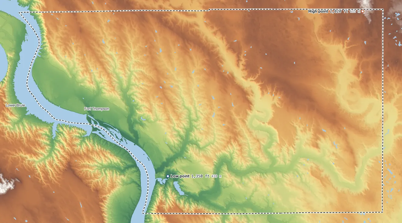 Topographic elevation map of Buffalo County, South Dakota, shaded from 1,350 ft on the southwest side to 2,020 ft on the northeast side