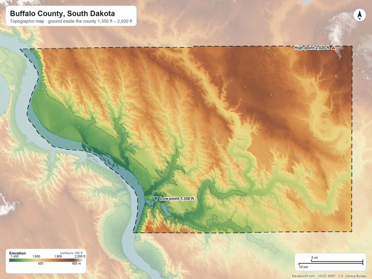 Topographic elevation map of Buffalo County, South Dakota, shaded from 1,350 ft on the southwest side to 2,020 ft on the northeast side