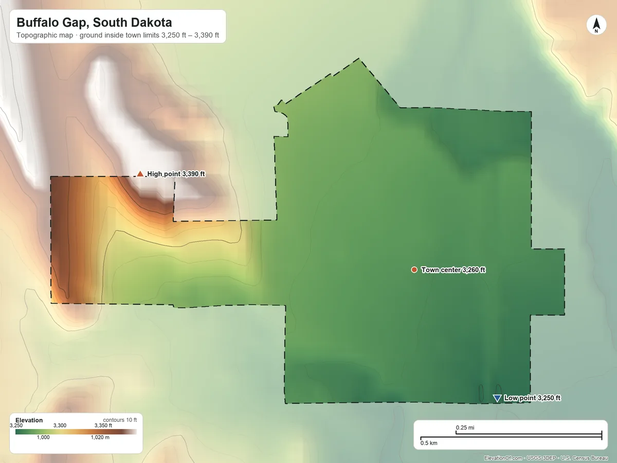 Topographic elevation map of Buffalo Gap, South Dakota, shaded from 3,250 ft on the southeast side to 3,390 ft at the foot of the Seven Sisters Range