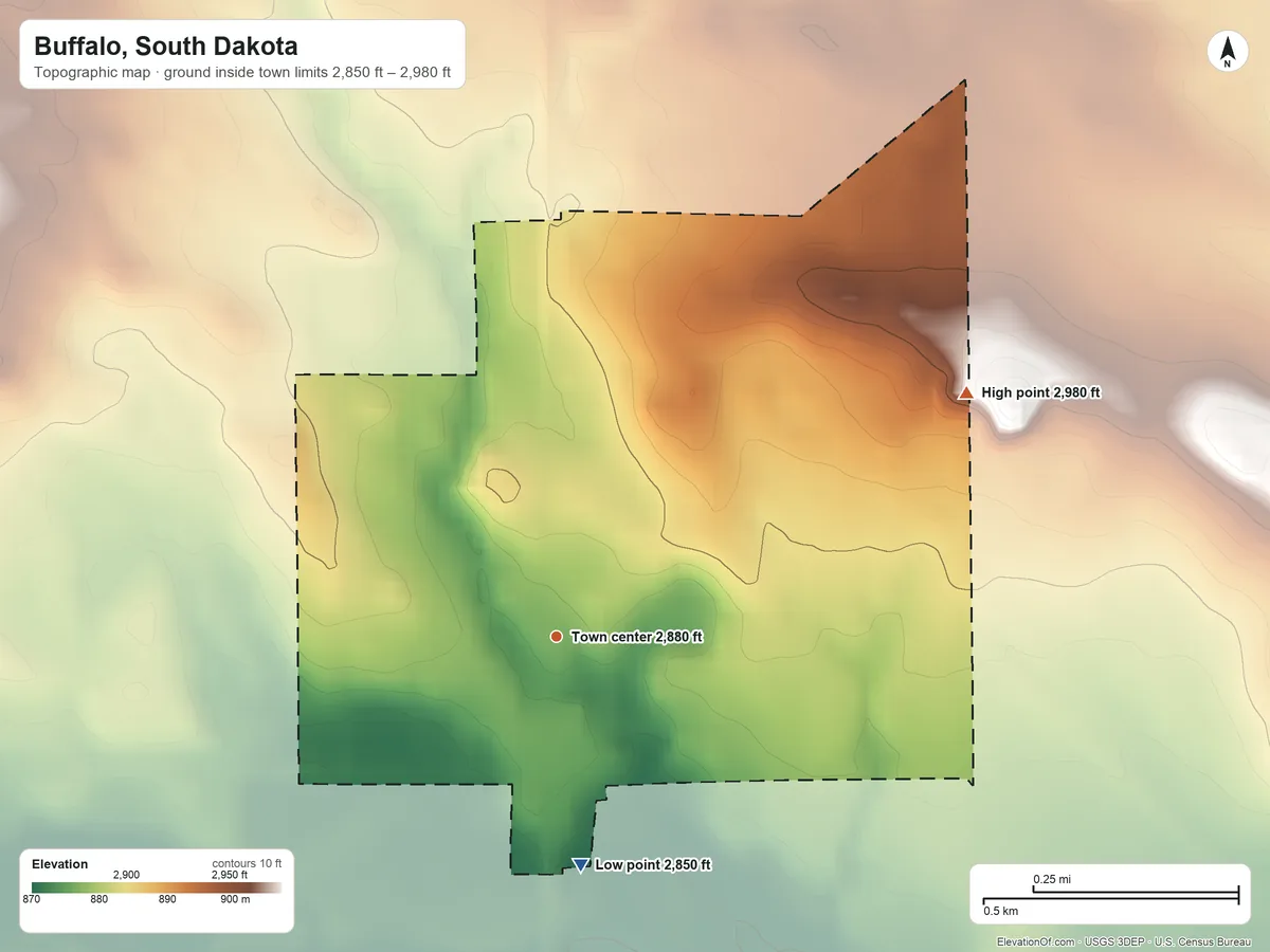 Topographic elevation map of Buffalo, South Dakota, shaded from 2,850 ft on the south side to 2,980 ft on the northeast side