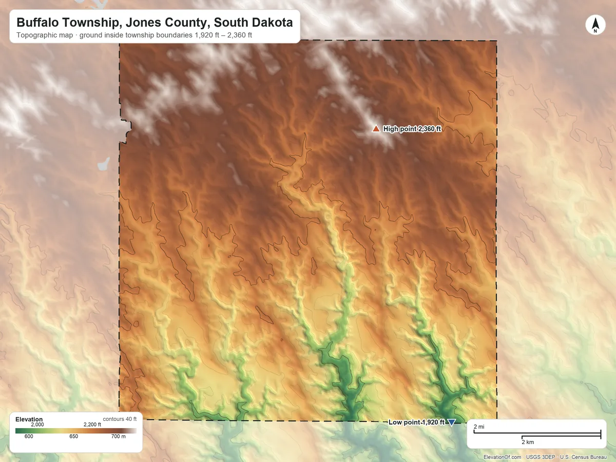 Topographic elevation map of Buffalo Township, Jones County, South Dakota, shaded from 1,920 ft on the southeast side to 2,360 ft on the east side