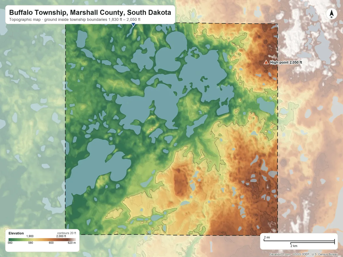 Topographic elevation map of Buffalo Township, Marshall County, South Dakota, shaded from 1,830 ft on the north side to 2,050 ft on the northeast side