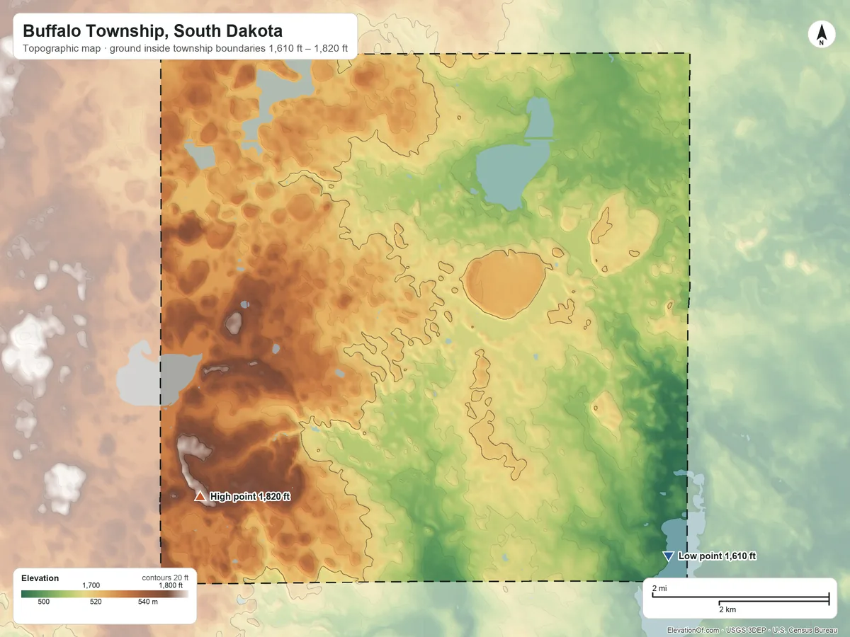 Topographic elevation map of Buffalo Township, South Dakota, shaded from 1,610 ft on the southeast side to 1,820 ft on the southwest side