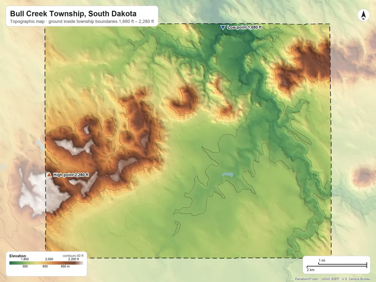 Topographic elevation map of Bull Creek Township, South Dakota, shaded from 1,680 ft on the northeast side to 2,280 ft on the southwest side
