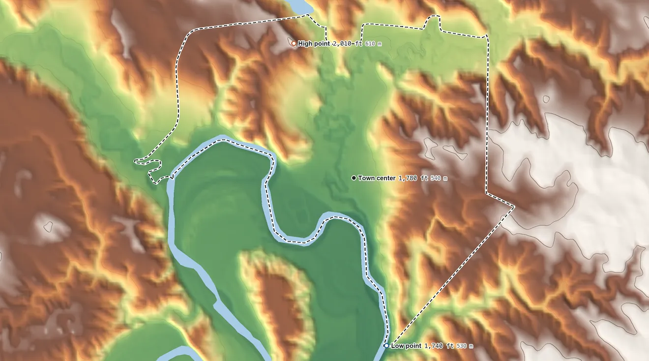Topographic elevation map of Bullhead, South Dakota, shaded from 1,740 ft on the south side to 2,010 ft on the northwest side