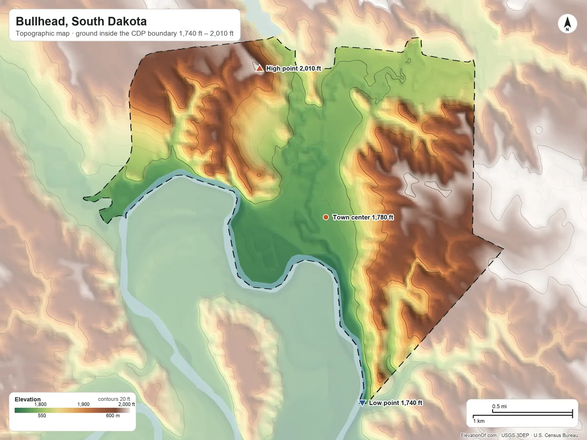Topographic elevation map of Bullhead, South Dakota, shaded from 1,740 ft on the south side to 2,010 ft on the northwest side
