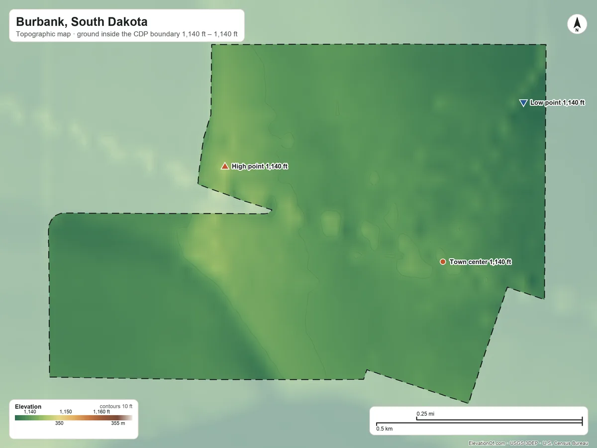 Topographic elevation map of Burbank, South Dakota, shaded from 1,140 ft on the northeast side to 1,140 ft on the northwest side