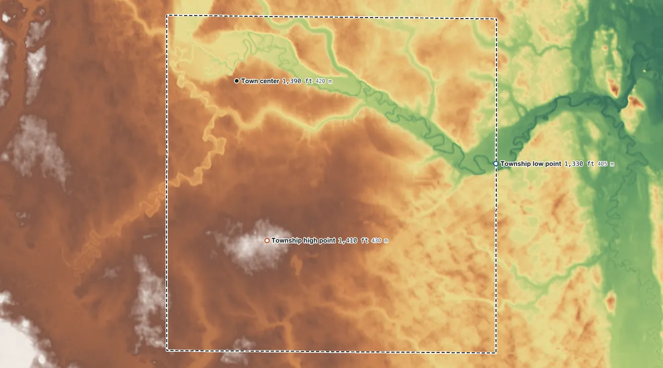 Topographic elevation map of Burdette Township, South Dakota, shaded from 1,330 ft on the east side to 1,410 ft on the south side