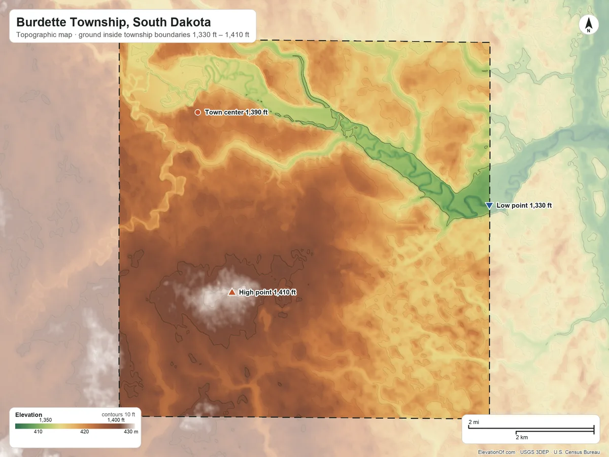 Topographic elevation map of Burdette Township, South Dakota, shaded from 1,330 ft on the east side to 1,410 ft on the south side