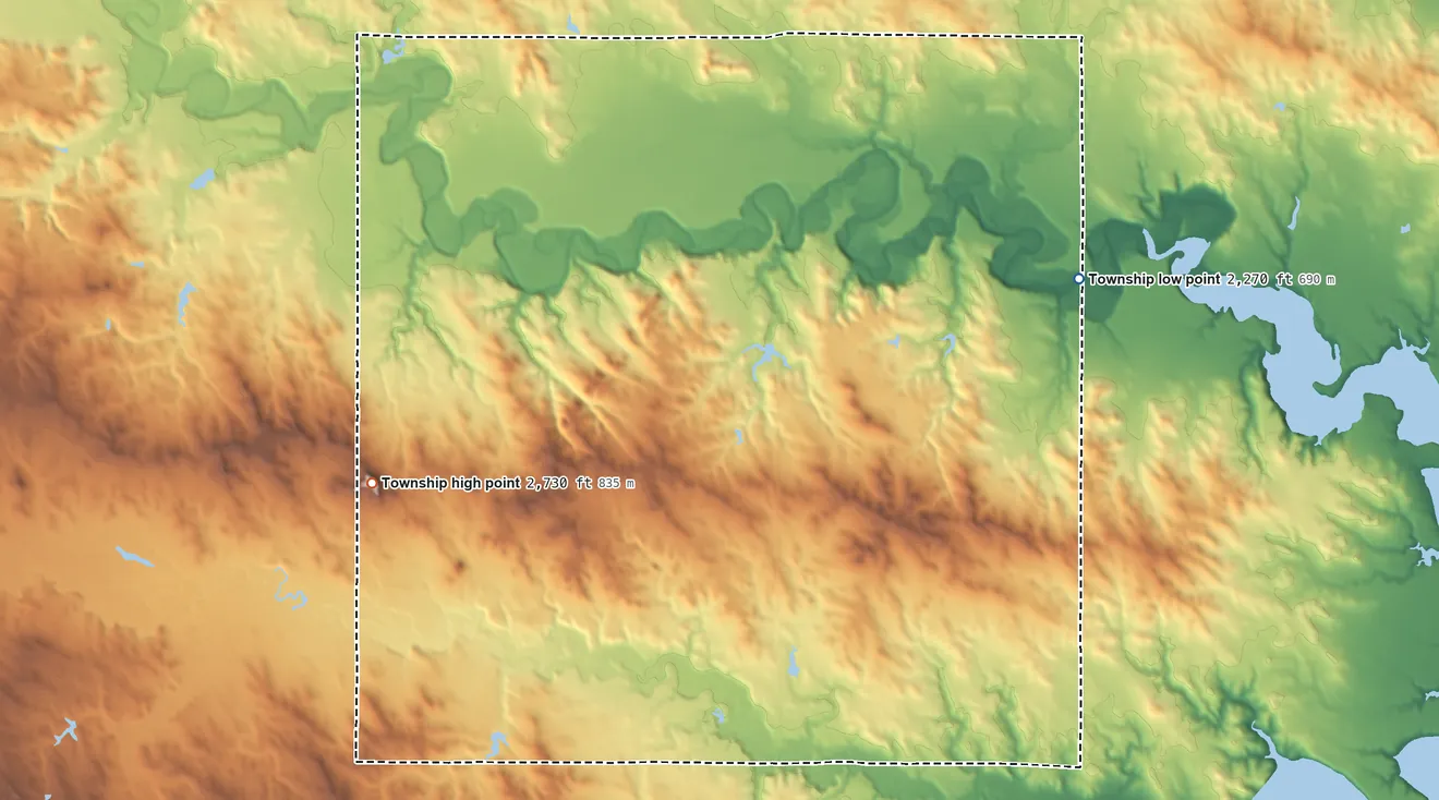 Topographic elevation map of Burdick Township, South Dakota, shaded from 2,270 ft on the east side to 2,730 ft on the southwest side