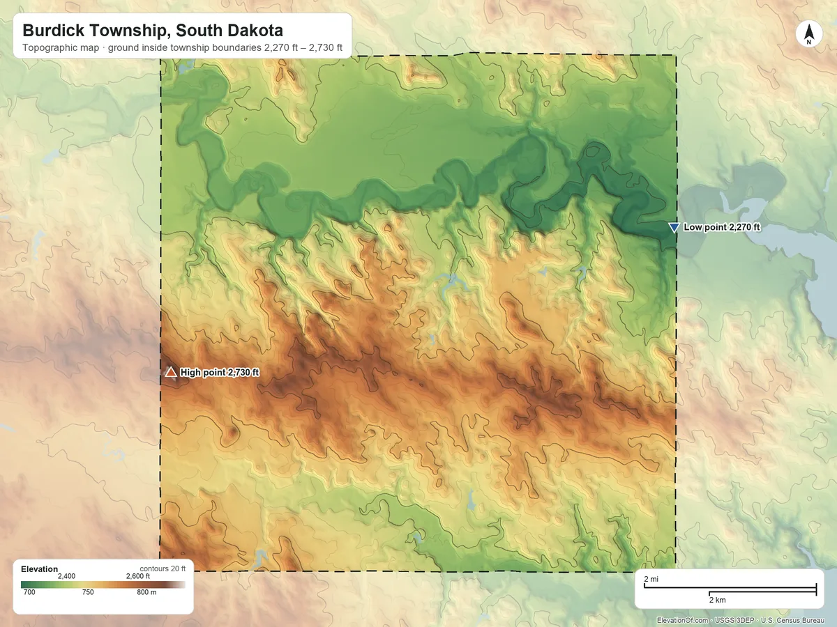 Topographic elevation map of Burdick Township, South Dakota, shaded from 2,270 ft on the east side to 2,730 ft on the southwest side