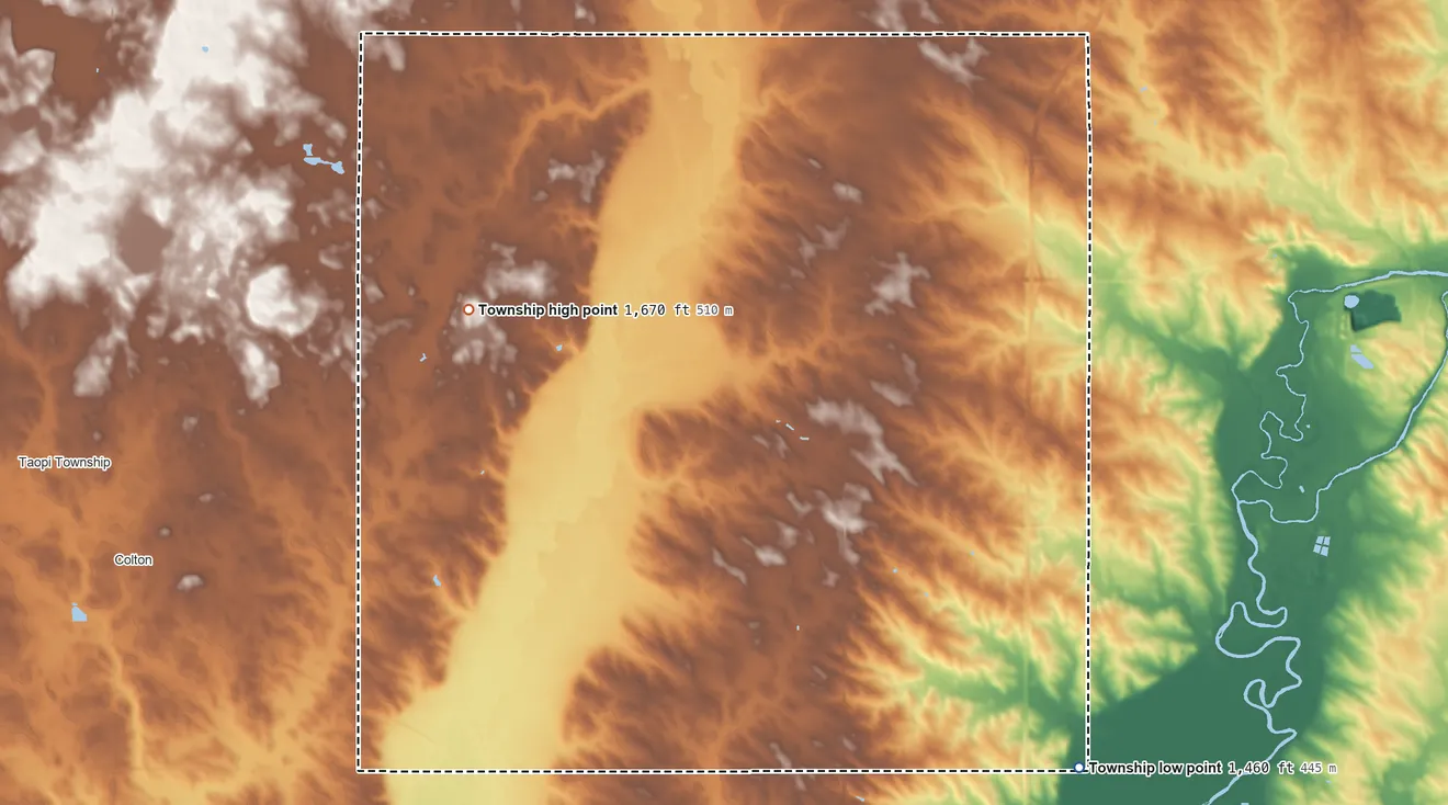 Topographic elevation map of Burk Township, South Dakota, shaded from 1,460 ft on the southeast side to 1,670 ft on the northwest side