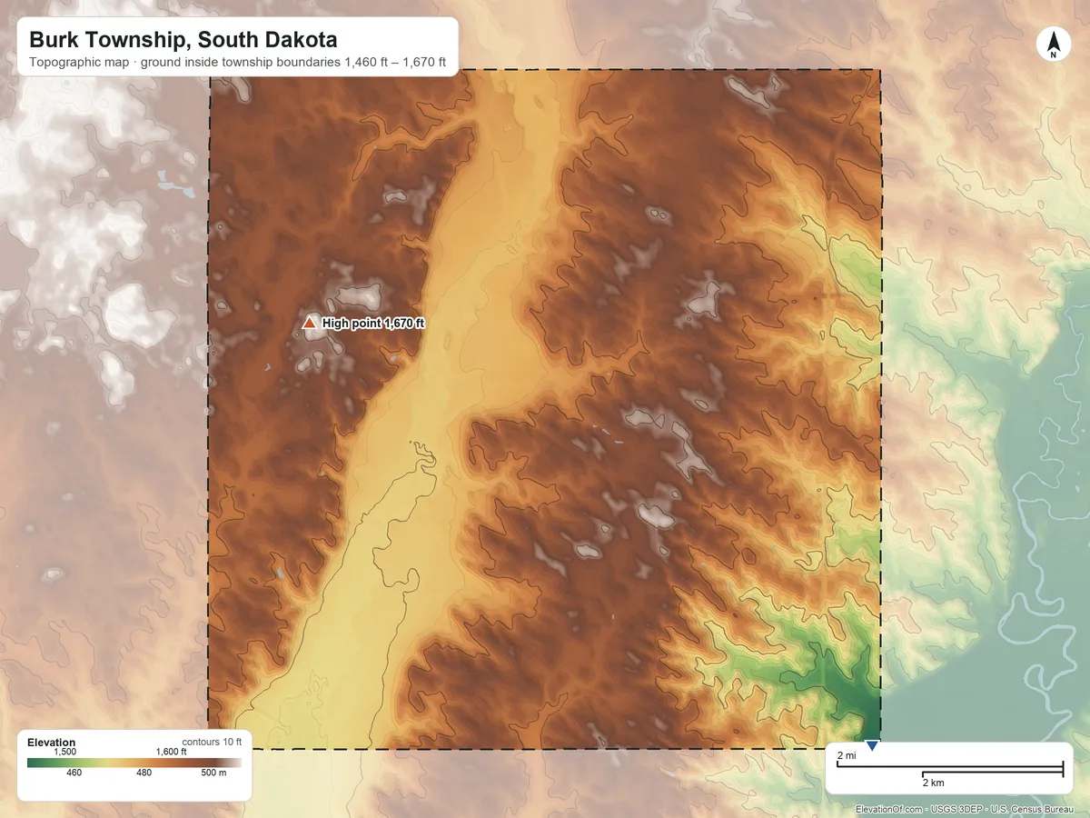 Topographic elevation map of Burk Township, South Dakota, shaded from 1,460 ft on the southeast side to 1,670 ft on the northwest side