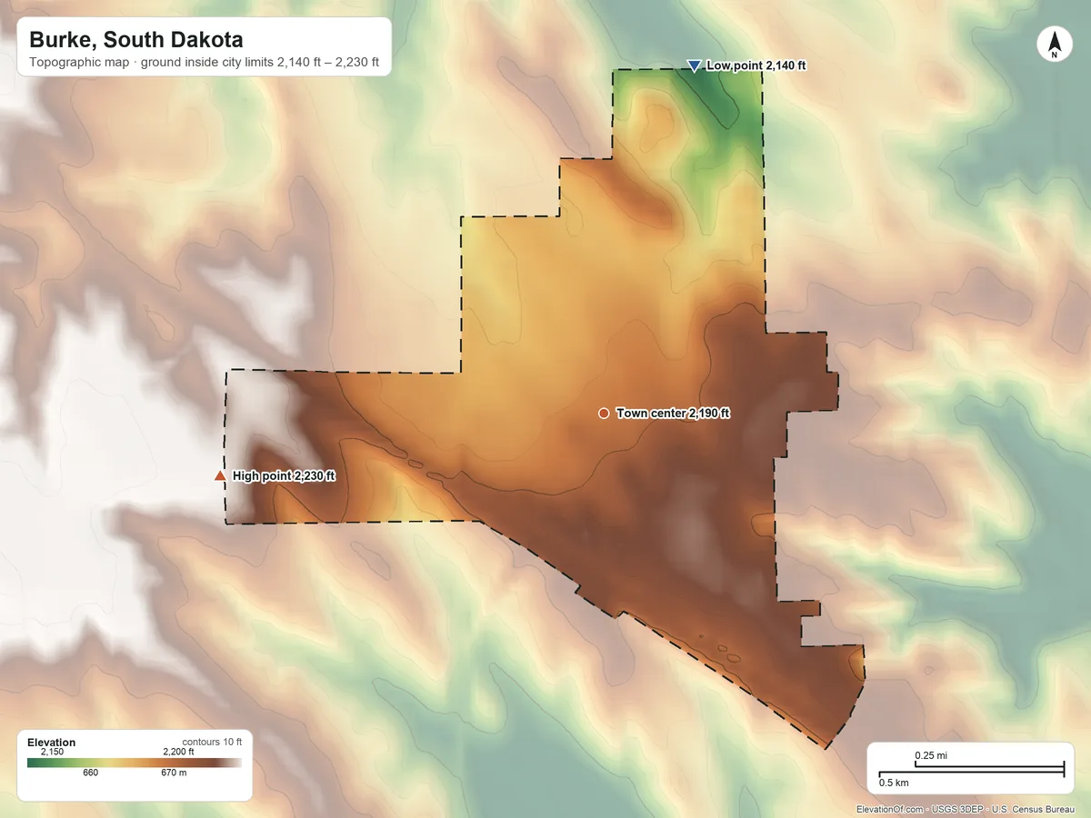Topographic elevation map of Burke, South Dakota, shaded from 2,140 ft on the north side to 2,230 ft on the west side