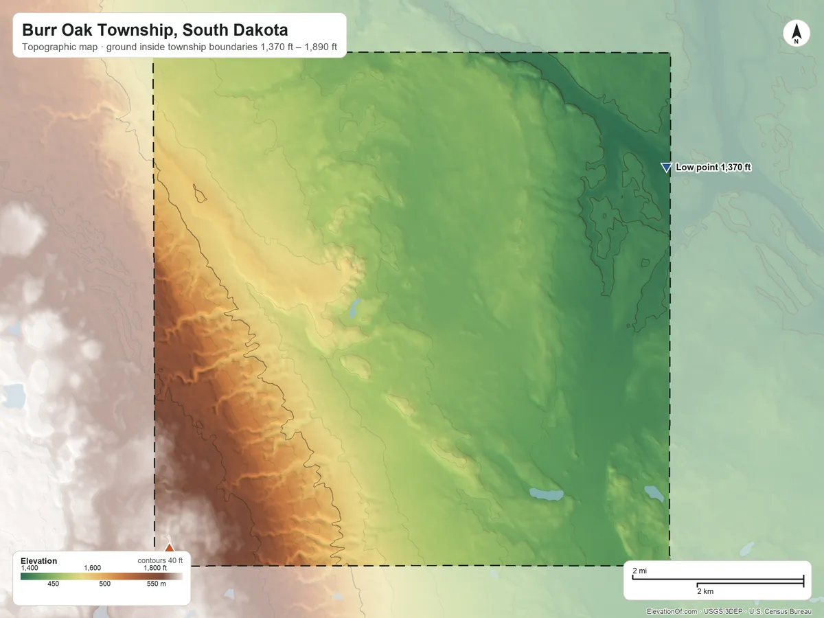 Topographic elevation map of Burr Oak Township, South Dakota, shaded from 1,370 ft on the northeast side to 1,890 ft on the southwest side