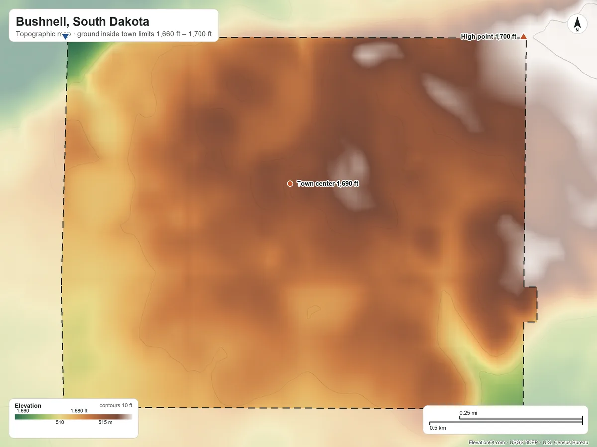 Topographic elevation map of Bushnell, South Dakota, shaded from 1,660 ft on the northwest side to 1,700 ft on the northeast side