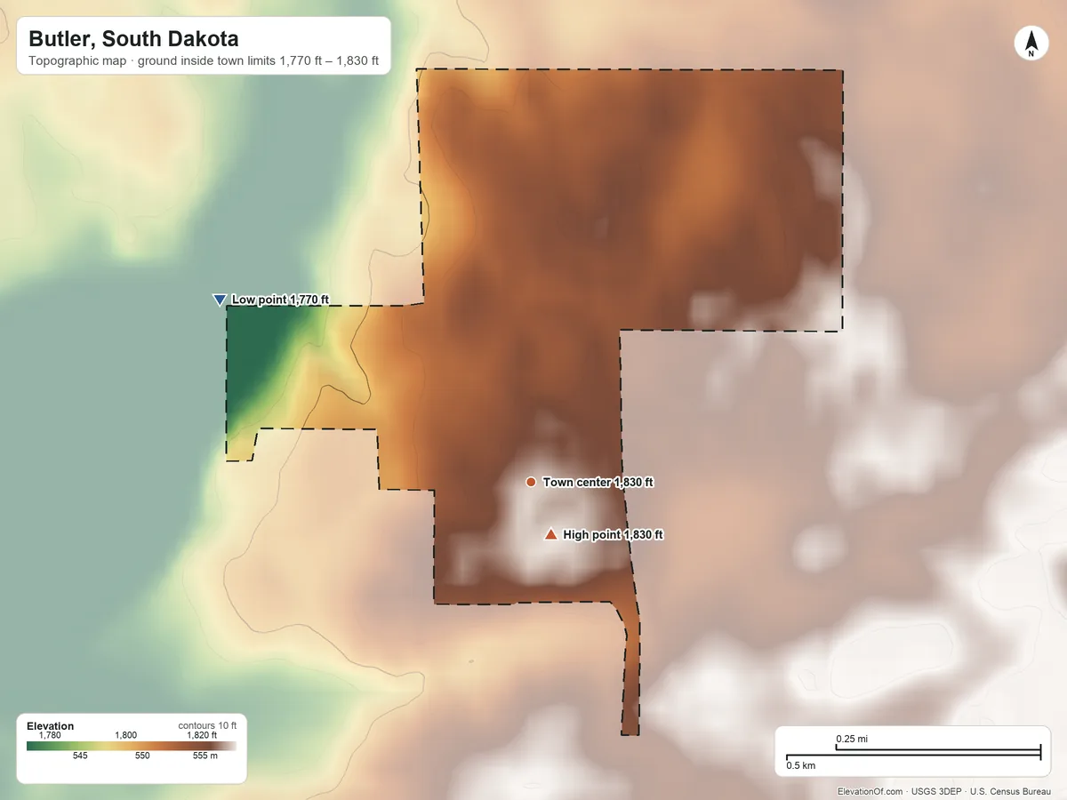 Topographic elevation map of Butler, South Dakota, shaded from 1,770 ft on the northwest side to 1,830 ft near the middle